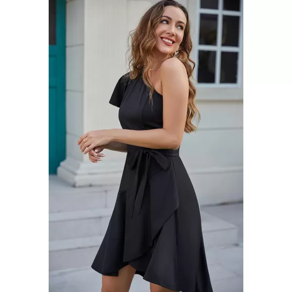 GRACE KARIN Womens Wedding Guest Dress Elegant One Shoulder Cocktail Skater Dress Ruffle Short Sleeve A Line Party DressesBlack