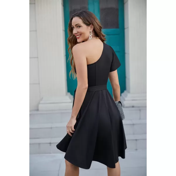 GRACE KARIN Womens Wedding Guest Dress Elegant One Shoulder Cocktail Skater Dress Ruffle Short Sleeve A Line Party DressesBlack