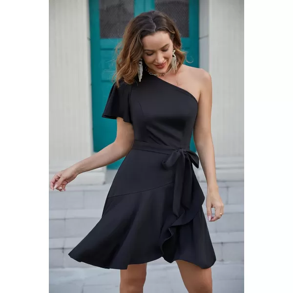 GRACE KARIN Womens Wedding Guest Dress Elegant One Shoulder Cocktail Skater Dress Ruffle Short Sleeve A Line Party DressesBlack