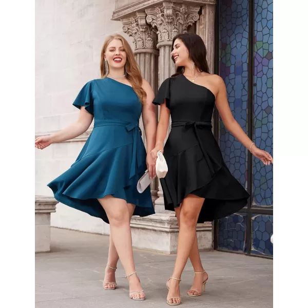 GRACE KARIN Womens Wedding Guest Dress Elegant One Shoulder Cocktail Skater Dress Ruffle Short Sleeve A Line Party DressesBlack