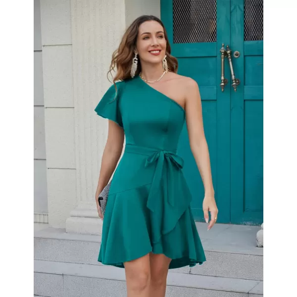 GRACE KARIN Womens Wedding Guest Dress Elegant One Shoulder Cocktail Skater Dress Ruffle Short Sleeve A Line Party DressesBlue Green