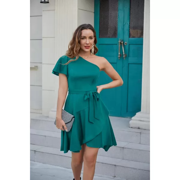 GRACE KARIN Womens Wedding Guest Dress Elegant One Shoulder Cocktail Skater Dress Ruffle Short Sleeve A Line Party DressesBlue Green