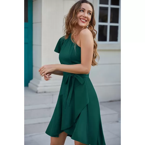 GRACE KARIN Womens Wedding Guest Dress Elegant One Shoulder Cocktail Skater Dress Ruffle Short Sleeve A Line Party DressesDark Green