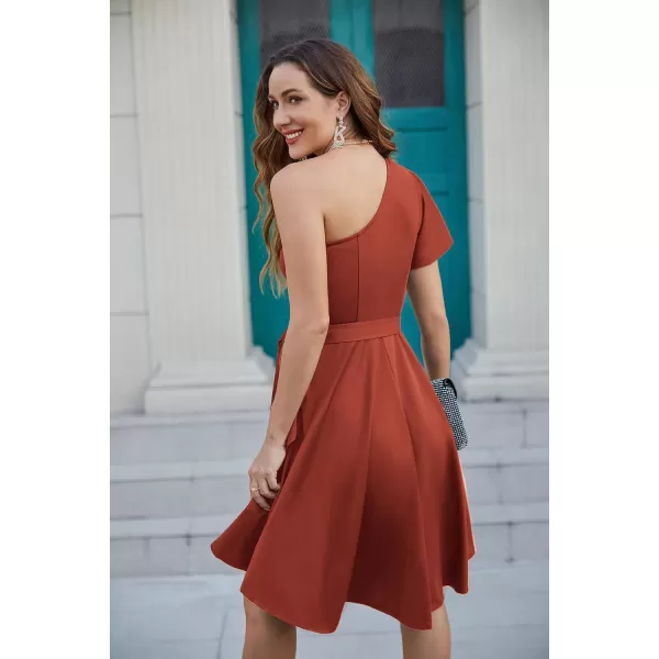 GRACE KARIN Womens Wedding Guest Dress Elegant One Shoulder Cocktail Skater Dress Ruffle Short Sleeve A Line Party DressesDark Orange