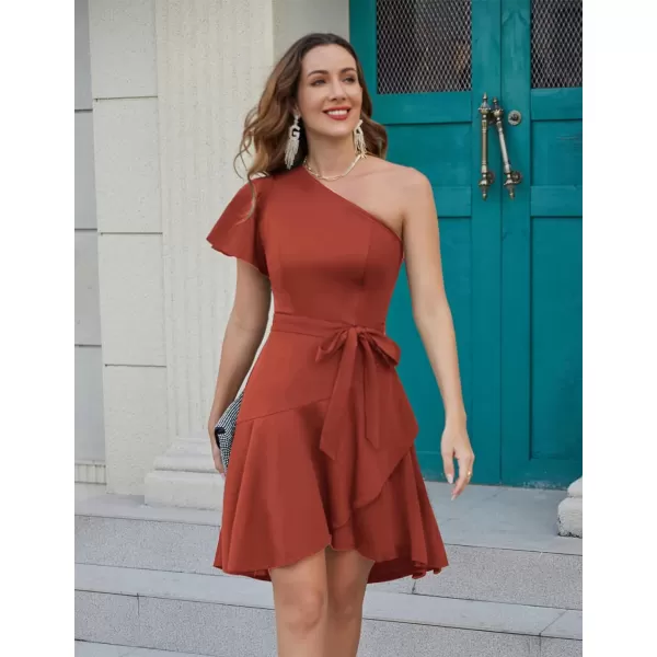 GRACE KARIN Womens Wedding Guest Dress Elegant One Shoulder Cocktail Skater Dress Ruffle Short Sleeve A Line Party DressesDark Orange