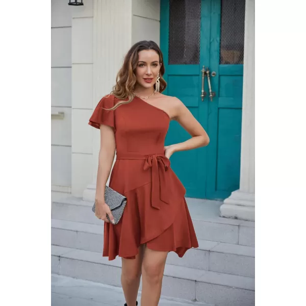 GRACE KARIN Womens Wedding Guest Dress Elegant One Shoulder Cocktail Skater Dress Ruffle Short Sleeve A Line Party DressesDark Orange