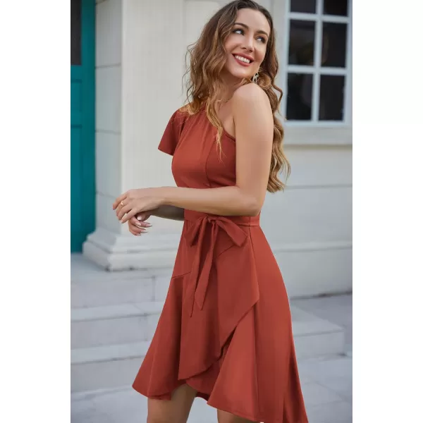 GRACE KARIN Womens Wedding Guest Dress Elegant One Shoulder Cocktail Skater Dress Ruffle Short Sleeve A Line Party DressesDark Orange