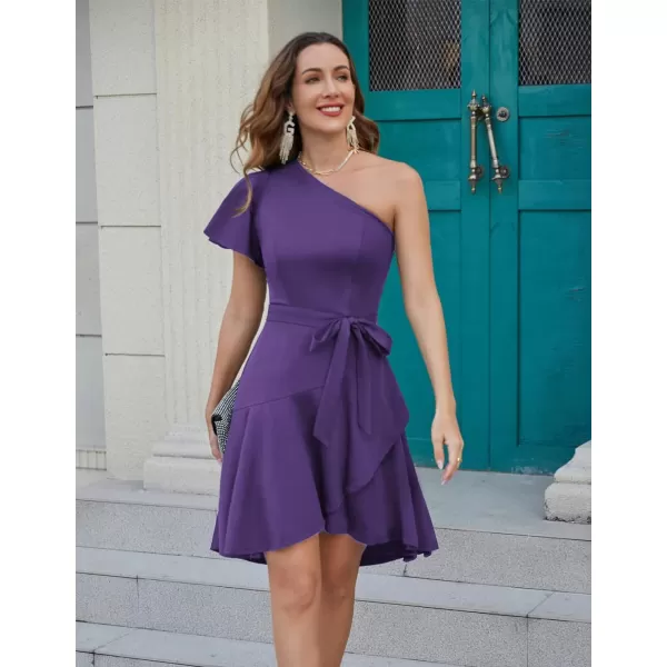 GRACE KARIN Womens Wedding Guest Dress Elegant One Shoulder Cocktail Skater Dress Ruffle Short Sleeve A Line Party DressesDark Purple