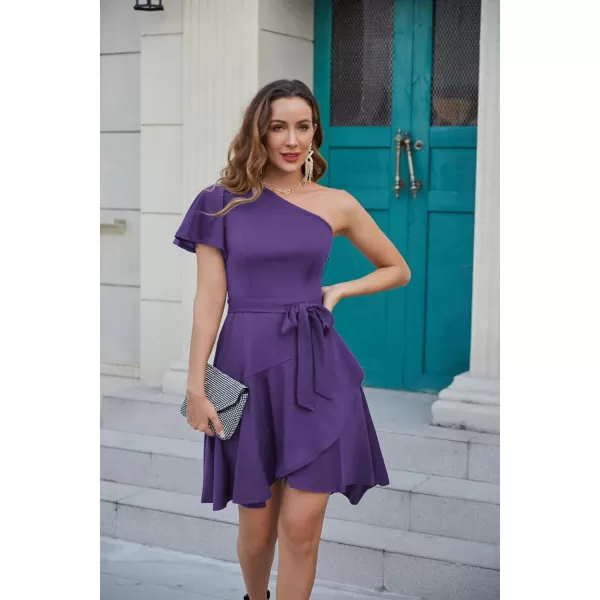 GRACE KARIN Womens Wedding Guest Dress Elegant One Shoulder Cocktail Skater Dress Ruffle Short Sleeve A Line Party DressesDark Purple