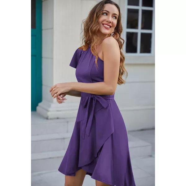 GRACE KARIN Womens Wedding Guest Dress Elegant One Shoulder Cocktail Skater Dress Ruffle Short Sleeve A Line Party DressesDark Purple