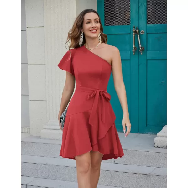 GRACE KARIN Womens Wedding Guest Dress Elegant One Shoulder Cocktail Skater Dress Ruffle Short Sleeve A Line Party DressesRed