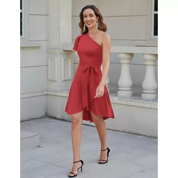 GRACE KARIN Womens Wedding Guest Dress Elegant One Shoulder Cocktail Skater Dress Ruffle Short Sleeve A Line Party DressesRed