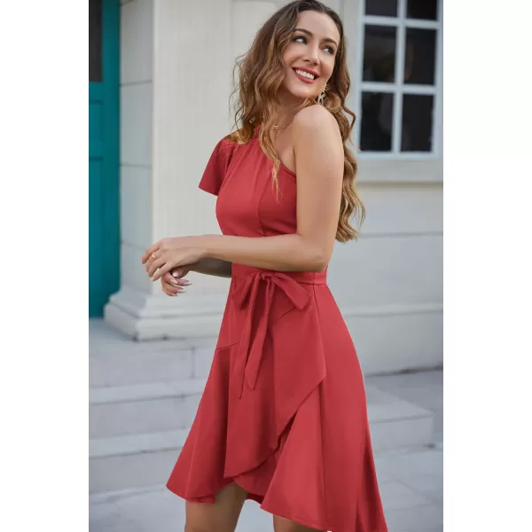 GRACE KARIN Womens Wedding Guest Dress Elegant One Shoulder Cocktail Skater Dress Ruffle Short Sleeve A Line Party DressesRed