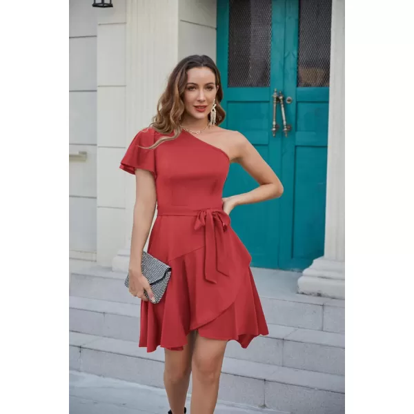 GRACE KARIN Womens Wedding Guest Dress Elegant One Shoulder Cocktail Skater Dress Ruffle Short Sleeve A Line Party DressesRed