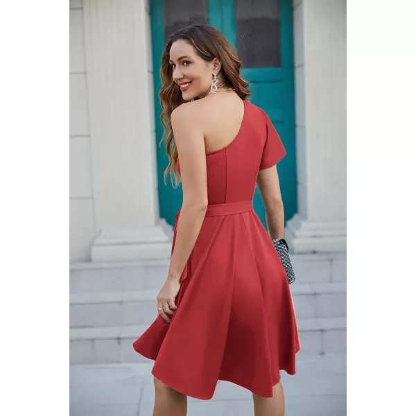 GRACE KARIN Womens Wedding Guest Dress Elegant One Shoulder Cocktail Skater Dress Ruffle Short Sleeve A Line Party DressesRed