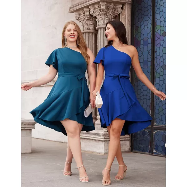 GRACE KARIN Womens Wedding Guest Dress Elegant One Shoulder Cocktail Skater Dress Ruffle Short Sleeve A Line Party DressesRoyal Blue