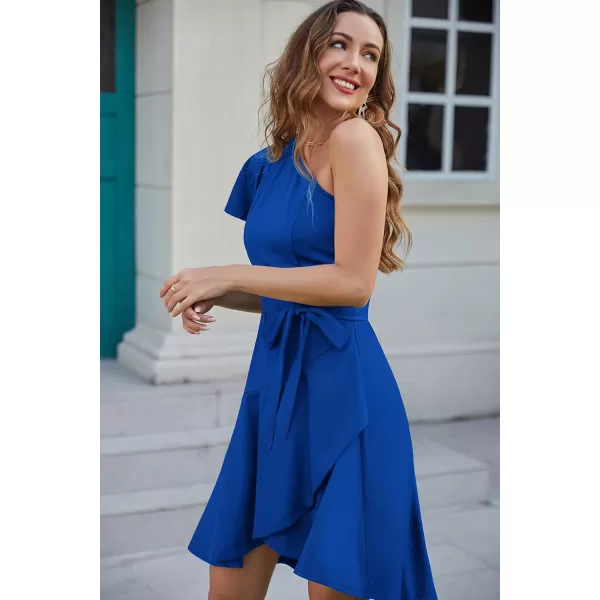 GRACE KARIN Womens Wedding Guest Dress Elegant One Shoulder Cocktail Skater Dress Ruffle Short Sleeve A Line Party DressesRoyal Blue