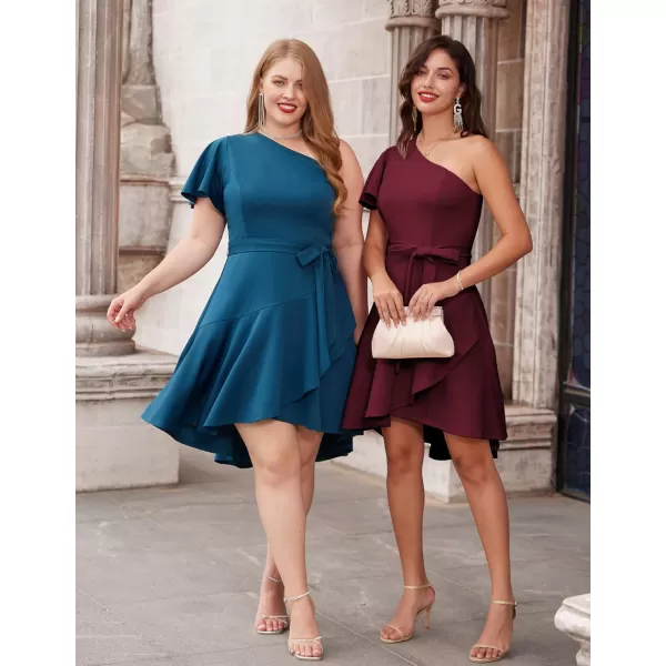 GRACE KARIN Womens Wedding Guest Dress Elegant One Shoulder Cocktail Skater Dress Ruffle Short Sleeve A Line Party DressesWine Red