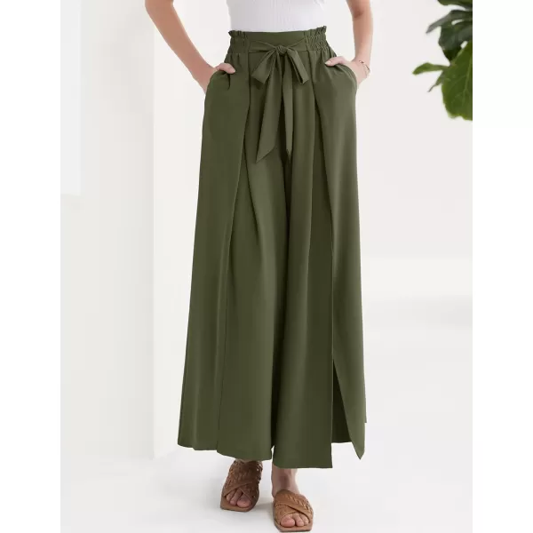 GRACE KARIN Womens Wide Leg Pants with Pockets Lightweight High Waisted Tie Knot Caual Loose Split Flowy Palazzo TrousersArmy Green