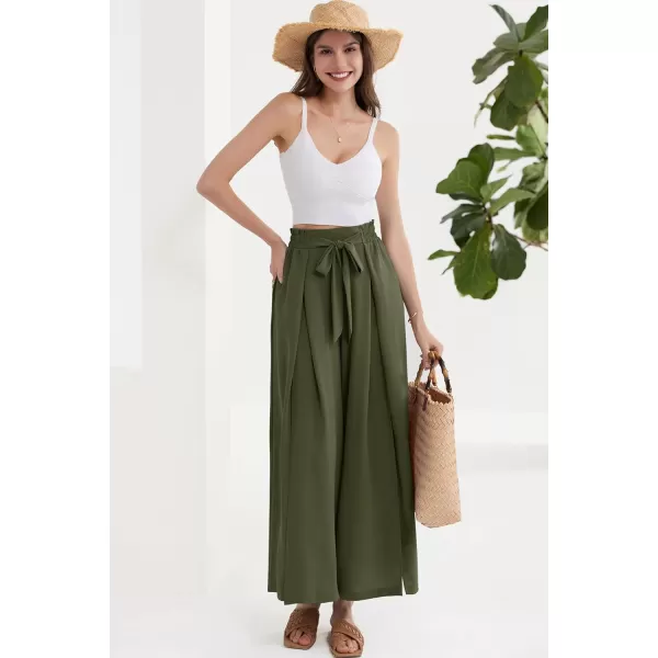 GRACE KARIN Womens Wide Leg Pants with Pockets Lightweight High Waisted Tie Knot Caual Loose Split Flowy Palazzo TrousersArmy Green