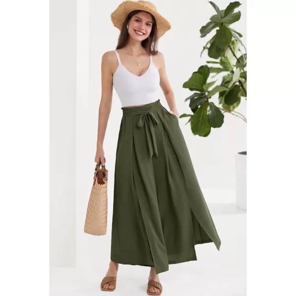 GRACE KARIN Womens Wide Leg Pants with Pockets Lightweight High Waisted Tie Knot Caual Loose Split Flowy Palazzo TrousersArmy Green