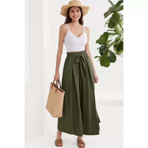 GRACE KARIN Womens Wide Leg Pants with Pockets Lightweight High Waisted Tie Knot Caual Loose Split Flowy Palazzo TrousersArmy Green