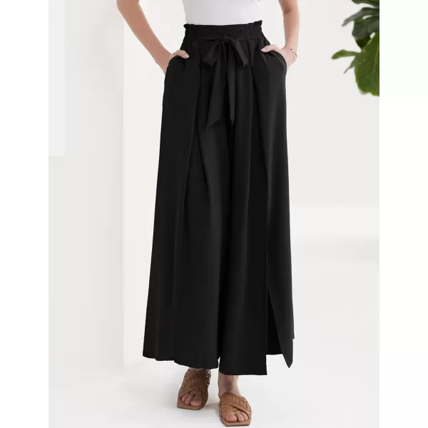 GRACE KARIN Womens Wide Leg Pants with Pockets Lightweight High Waisted Tie Knot Caual Loose Split Flowy Palazzo TrousersBlack