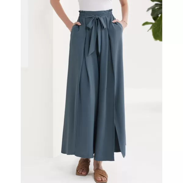 GRACE KARIN Womens Wide Leg Pants with Pockets Lightweight High Waisted Tie Knot Caual Loose Split Flowy Palazzo TrousersBlue