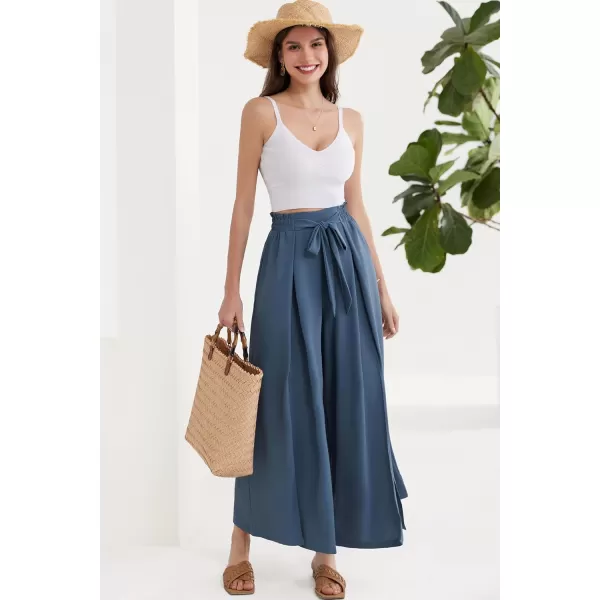 GRACE KARIN Womens Wide Leg Pants with Pockets Lightweight High Waisted Tie Knot Caual Loose Split Flowy Palazzo TrousersBlue