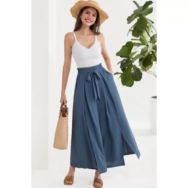 GRACE KARIN Womens Wide Leg Pants with Pockets Lightweight High Waisted Tie Knot Caual Loose Split Flowy Palazzo TrousersBlue