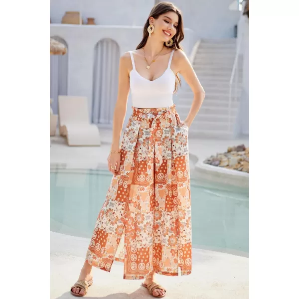 GRACE KARIN Womens Wide Leg Pants with Pockets Lightweight High Waisted Tie Knot Caual Loose Split Flowy Palazzo TrousersPattern 2