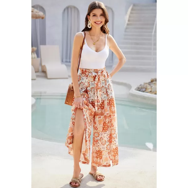 GRACE KARIN Womens Wide Leg Pants with Pockets Lightweight High Waisted Tie Knot Caual Loose Split Flowy Palazzo TrousersPattern 2