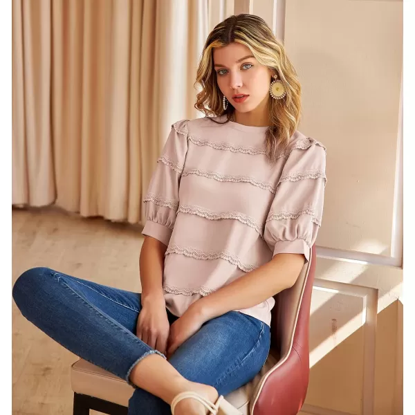 GRACE KARIN Womens Work Business Blouse Casual Puff Short Sleeve Shirts Lace Tops Loose Fit ElegantApricot1