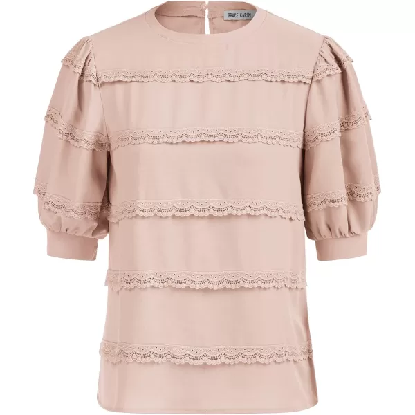 GRACE KARIN Womens Work Business Blouse Casual Puff Short Sleeve Shirts Lace Tops Loose Fit ElegantApricot1