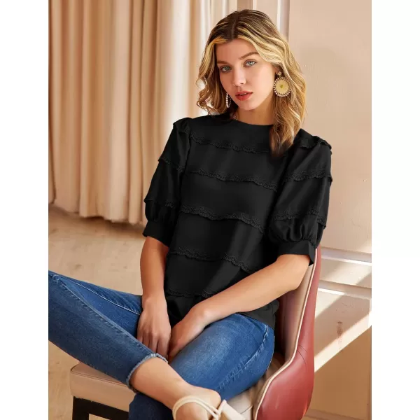 GRACE KARIN Womens Work Business Blouse Casual Puff Short Sleeve Shirts Lace Tops Loose Fit ElegantBlack