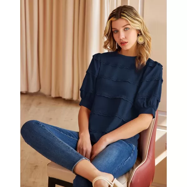 GRACE KARIN Womens Work Business Blouse Casual Puff Short Sleeve Shirts Lace Tops Loose Fit ElegantNavy