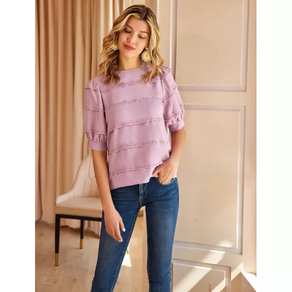 GRACE KARIN Womens Work Business Blouse Casual Puff Short Sleeve Shirts Lace Tops Loose Fit ElegantPinkpurple