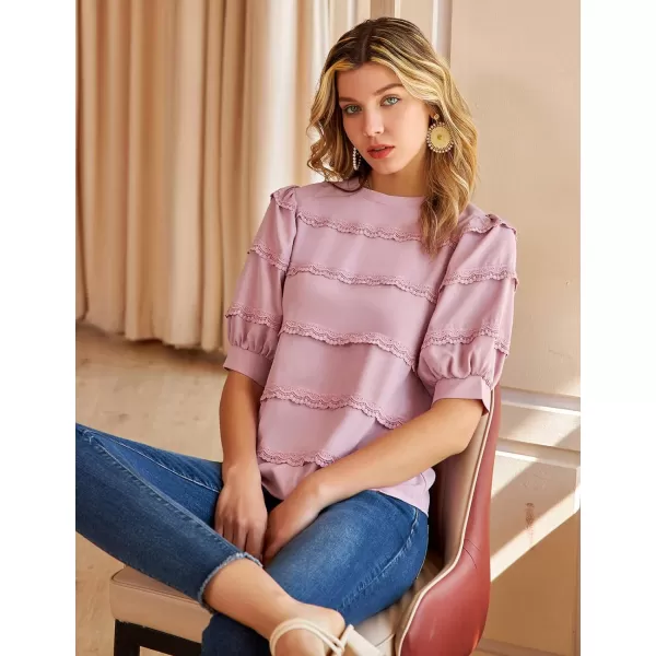 GRACE KARIN Womens Work Business Blouse Casual Puff Short Sleeve Shirts Lace Tops Loose Fit ElegantPinkpurple