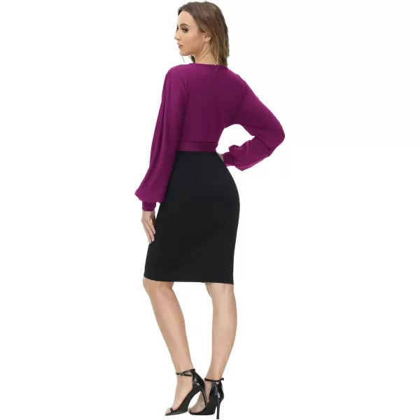 GRACE KARIN Womens Work Pencil Dress Wedding Guest Office Dresses Cocktail Party Long SleeveBright Purpleblacklong Sleeve