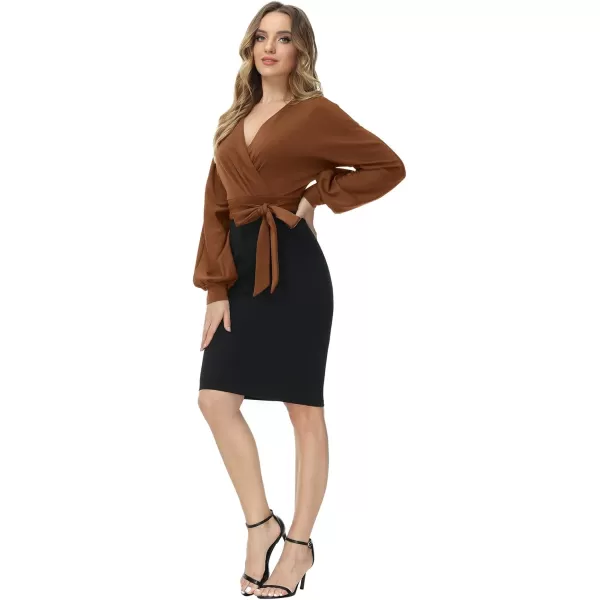 GRACE KARIN Womens Work Pencil Dress Wedding Guest Office Dresses Cocktail Party Long SleeveCaramelblacklong Sleeve