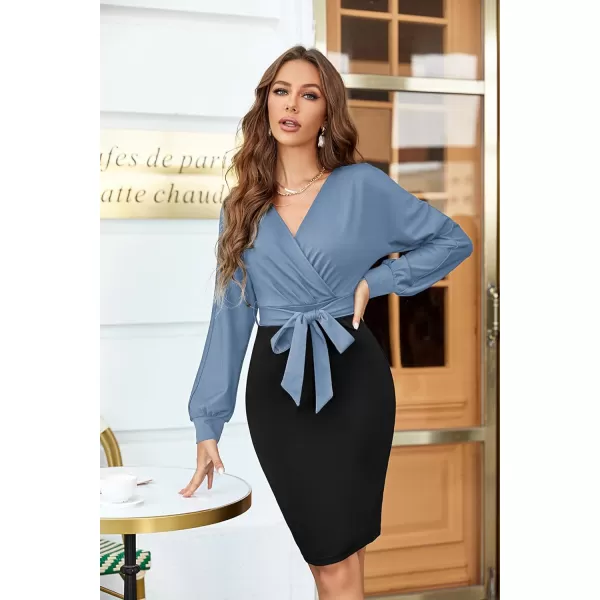 GRACE KARIN Womens Work Pencil Dress Wedding Guest Office Dresses Cocktail Party Long SleeveGrayish Blueblacklong Sleeve