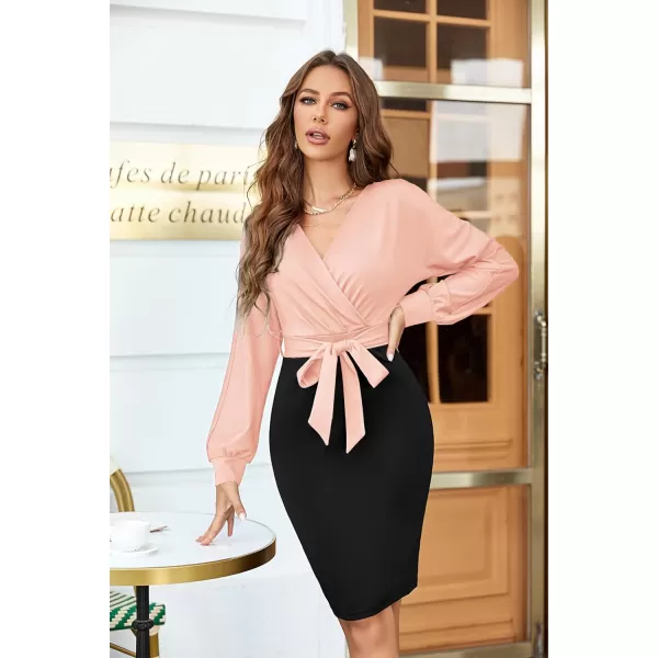GRACE KARIN Womens Work Pencil Dress Wedding Guest Office Dresses Cocktail Party Long SleevePinkBlack