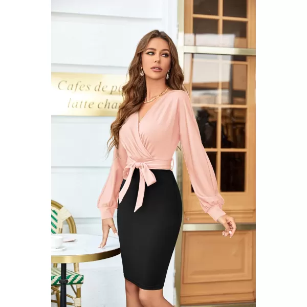 GRACE KARIN Womens Work Pencil Dress Wedding Guest Office Dresses Cocktail Party Long SleevePinkBlack