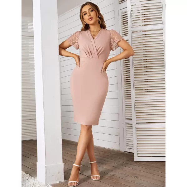 GRACE KARIN Womens Work Pencil Dress Wedding Guest Office Dresses Cocktail Party Long SleevePinkshort Sleeve