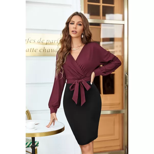 GRACE KARIN Womens Work Pencil Dress Wedding Guest Office Dresses Cocktail Party Long SleeveWine Redblacklong Sleeve