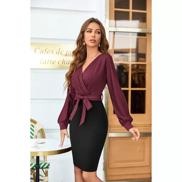 GRACE KARIN Womens Work Pencil Dress Wedding Guest Office Dresses Cocktail Party Long SleeveWine Redblacklong Sleeve