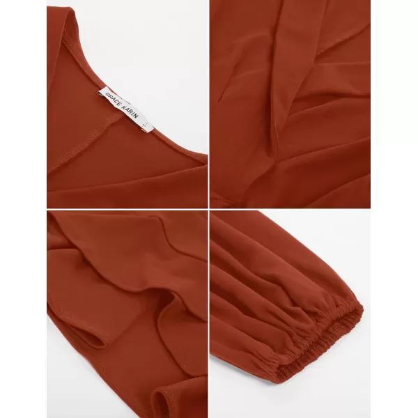 GRACE KARIN Womens Wrap Tops Elegant V Neck Long Lantern Sleeve Work Formal Top Dressy ShirtsBrown