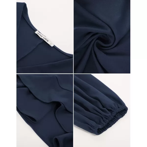 GRACE KARIN Womens Wrap Tops Elegant V Neck Long Lantern Sleeve Work Formal Top Dressy ShirtsNavy Blue
