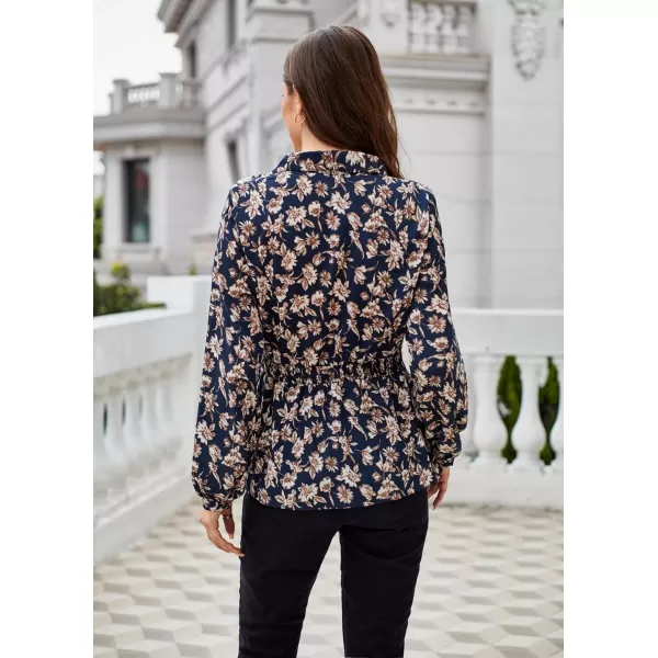 GRACE KARIN Womens Wrap Tops Elegant V Neck Long Lantern Sleeve Work Formal Top Dressy ShirtsNavy Blue Floral