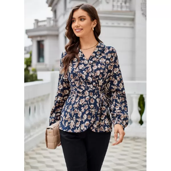 GRACE KARIN Womens Wrap Tops Elegant V Neck Long Lantern Sleeve Work Formal Top Dressy ShirtsNavy Blue Floral